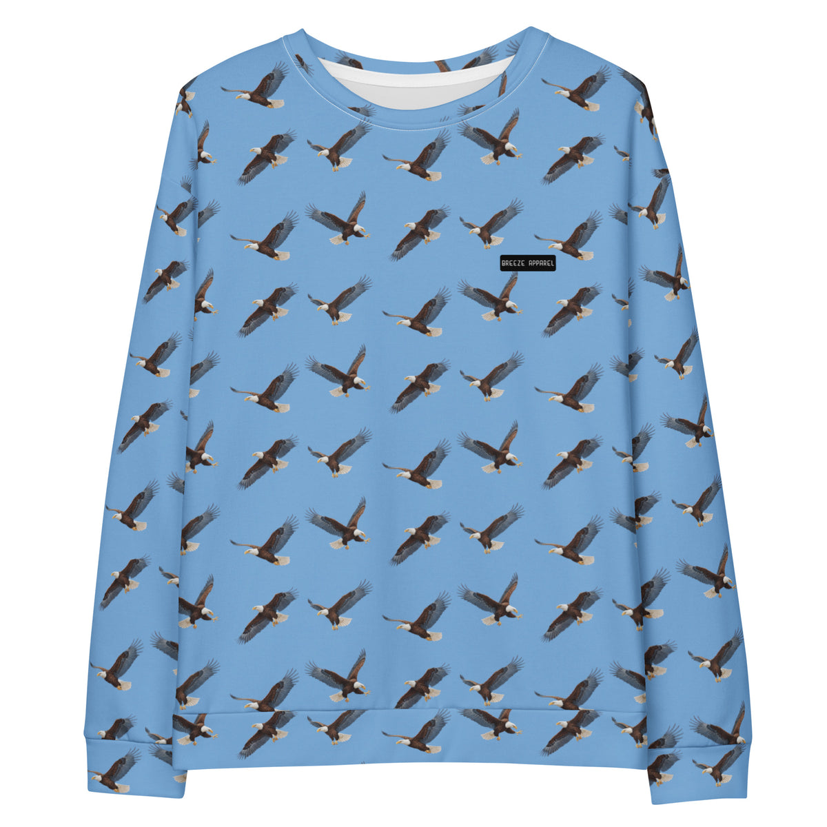 Blue sweatshirt with pattern of bald eagles.
