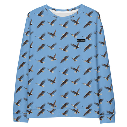 Blue sweatshirt with pattern of bald eagles.