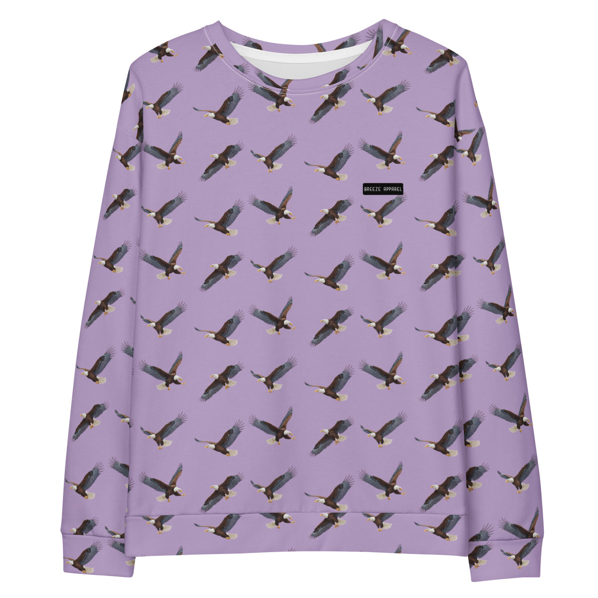Purple sweatshirt with pattern of bald eagles.