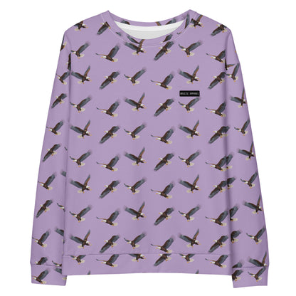 Purple sweatshirt with pattern of bald eagles.