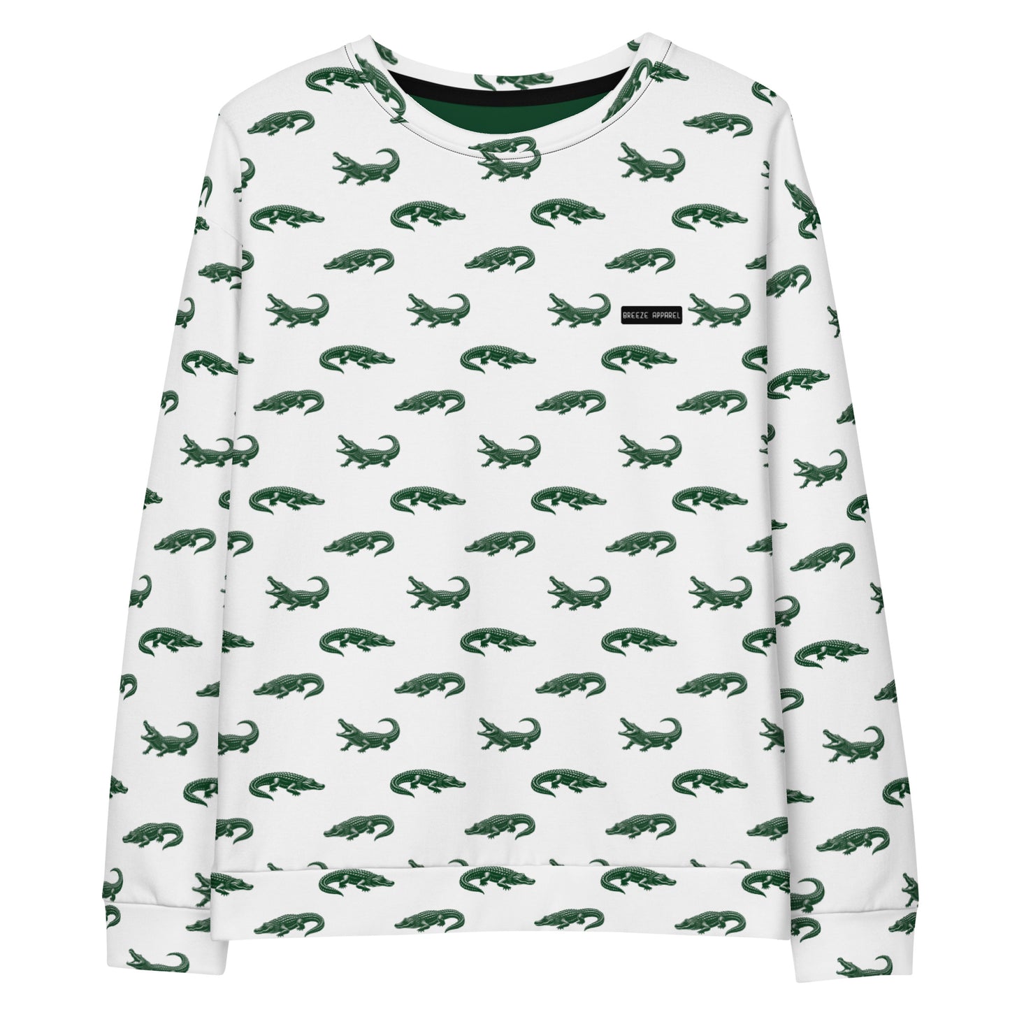 White sweatshirt with pattern of green alligators.