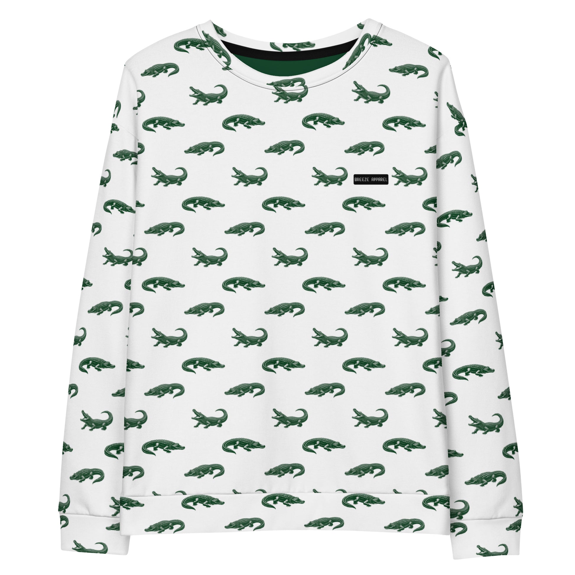 White sweatshirt with pattern of green alligators.