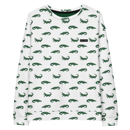White sweatshirt with pattern of green alligators.