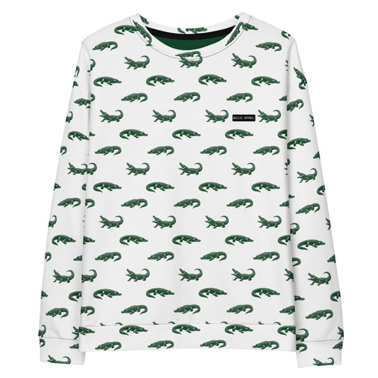 White sweatshirt with pattern of green alligators.