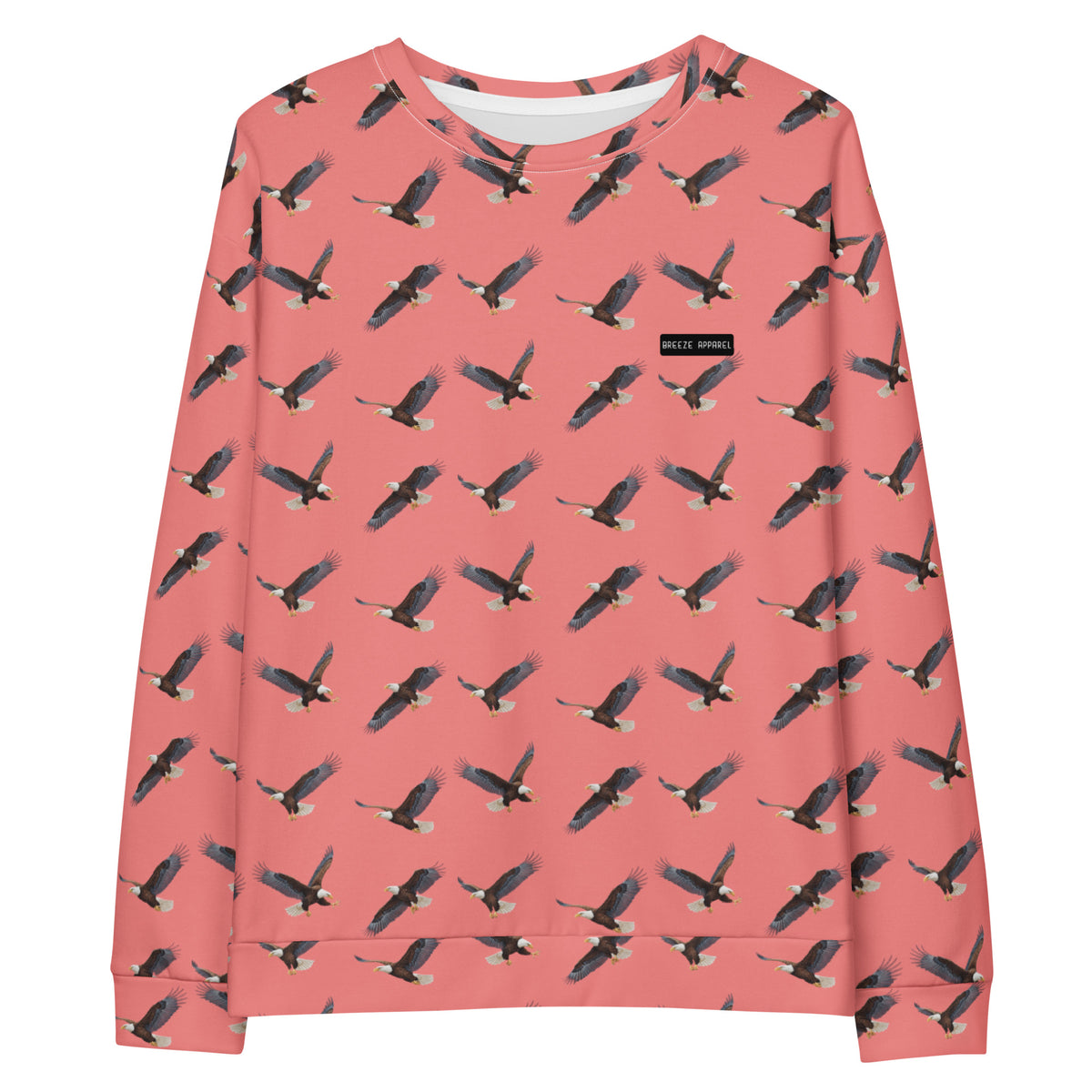 Red sweatshirt with pattern of bald eagles.
