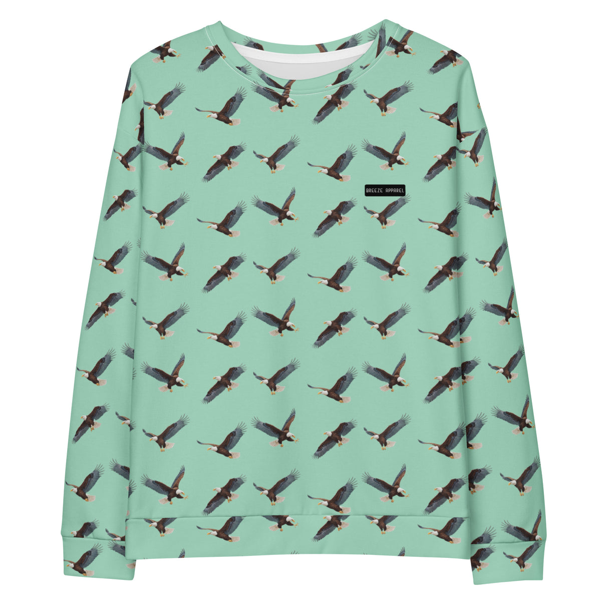 Green sweatshirt with pattern of bald eagles.