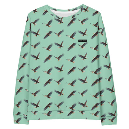 Green sweatshirt with pattern of bald eagles.