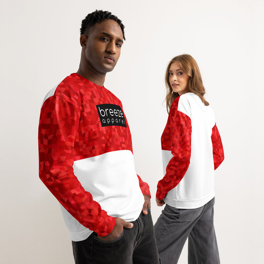 Man and woman, each wearing sweatshirt with a red geometric pattern on upper half and sleeves, with a 'breeze apparel' logo in white inside a black rectangle across the chest. Bottom half is white. Front is shown on man; back is shown on woman.