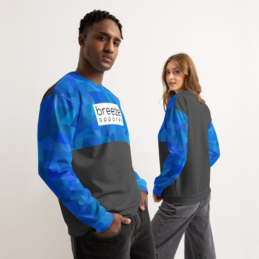 Man and woman, each wearing dark-gray sweatshirt with blue geometric pattern on front upper half and a white box with 'breeze apparel' in black inside across the chest. Front is shown on man; back is shown on woman.