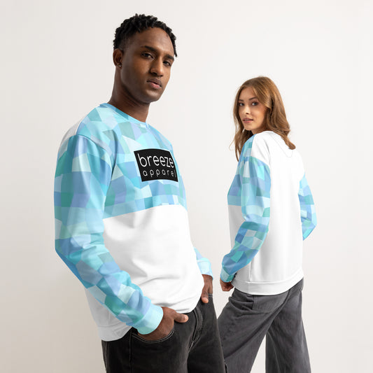 Man and woman, each wearing sweatshirt with cyan geometric pattern on upper half and sleeves. Bottom half is white. Across the chest is a black box with 'breeze apparel' in white inside. Front is shown on man; back is shown on woman.