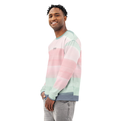 Man wearing sweatshirt with colors light pastel green, shades of pink, and gray in stripes, and 'breeze apparel' written in small text on chest.