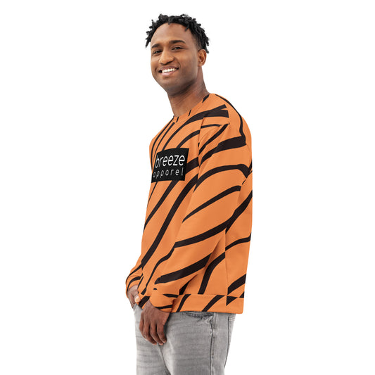 Man wearing a sweatshirt with a tiger-fur design and a 'breeze apparel' logo consisting of white wording set in a black rectangle across the chest.