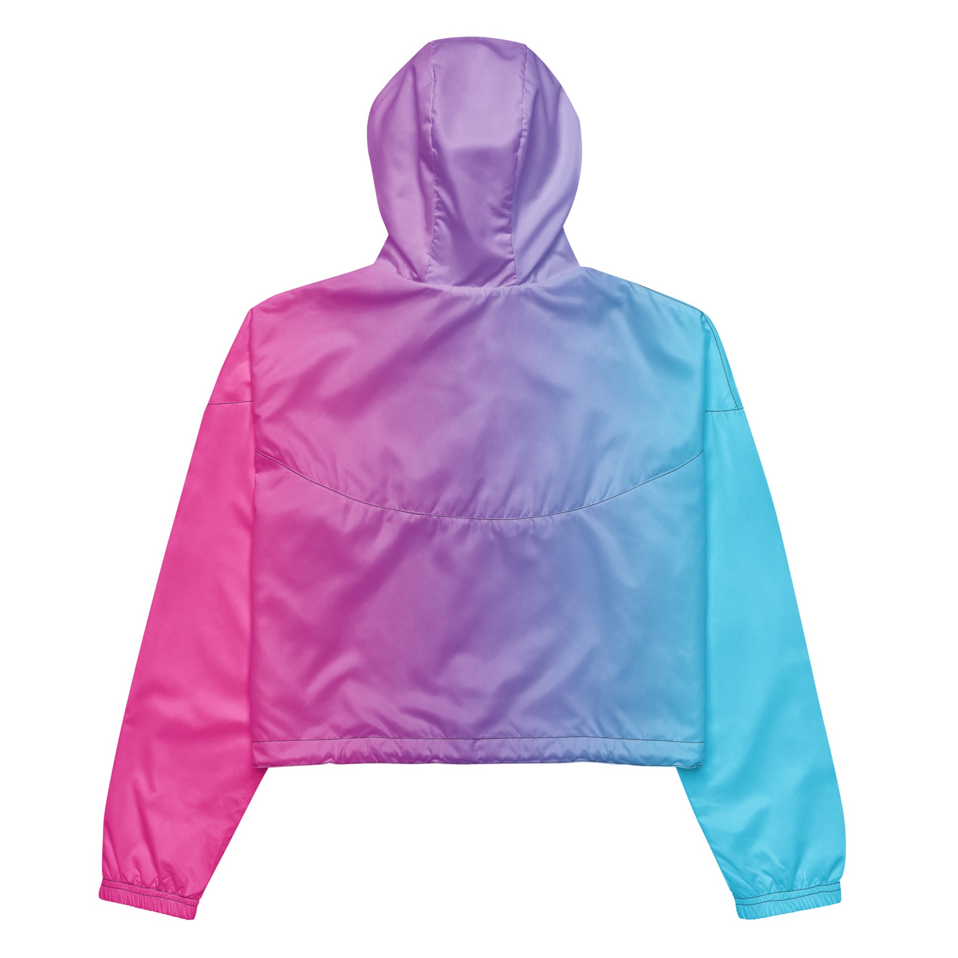 Back of cropped jacket with color scheme that fades from pink, to purple, to light blue.