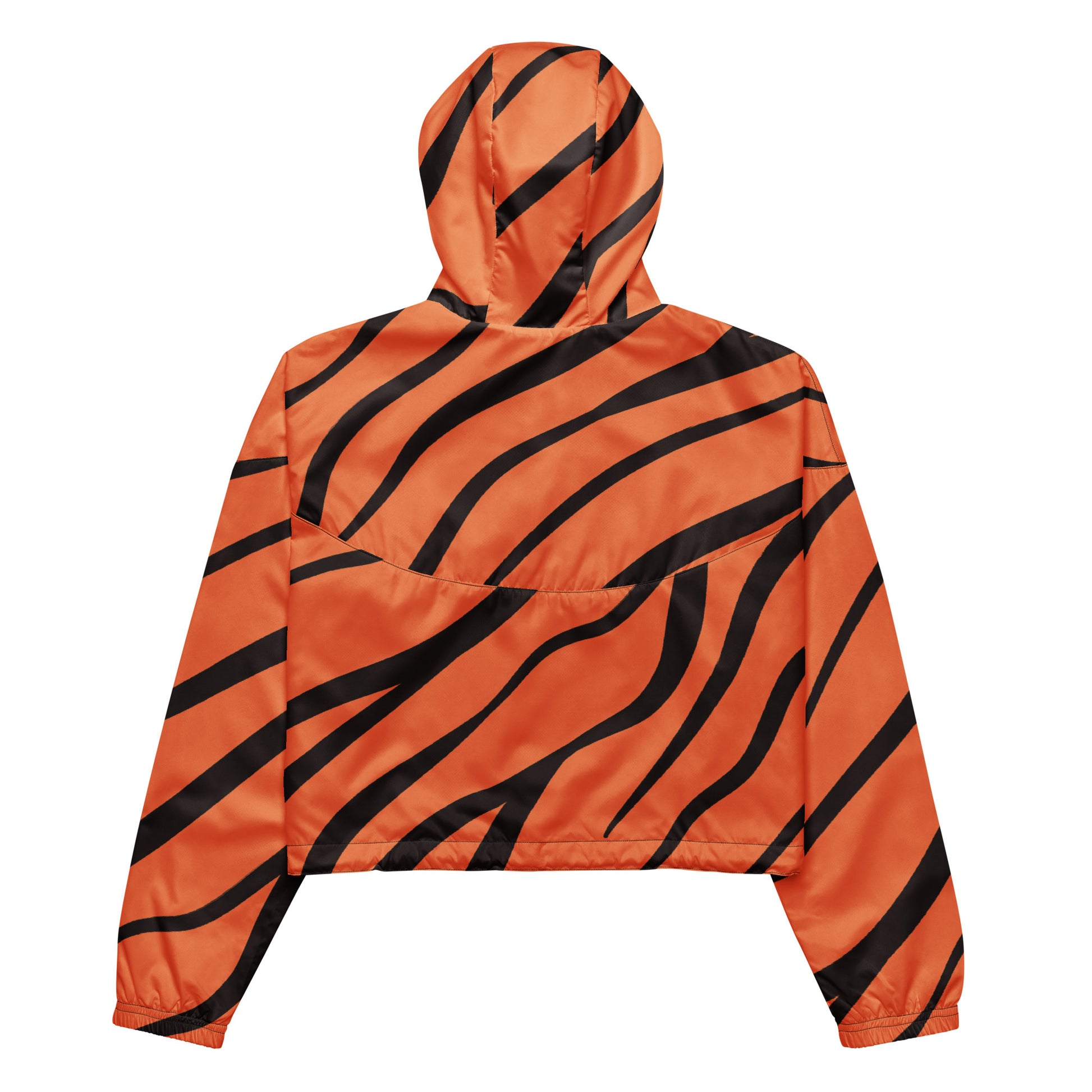Back of cropped jacket with tigerskin pattern.