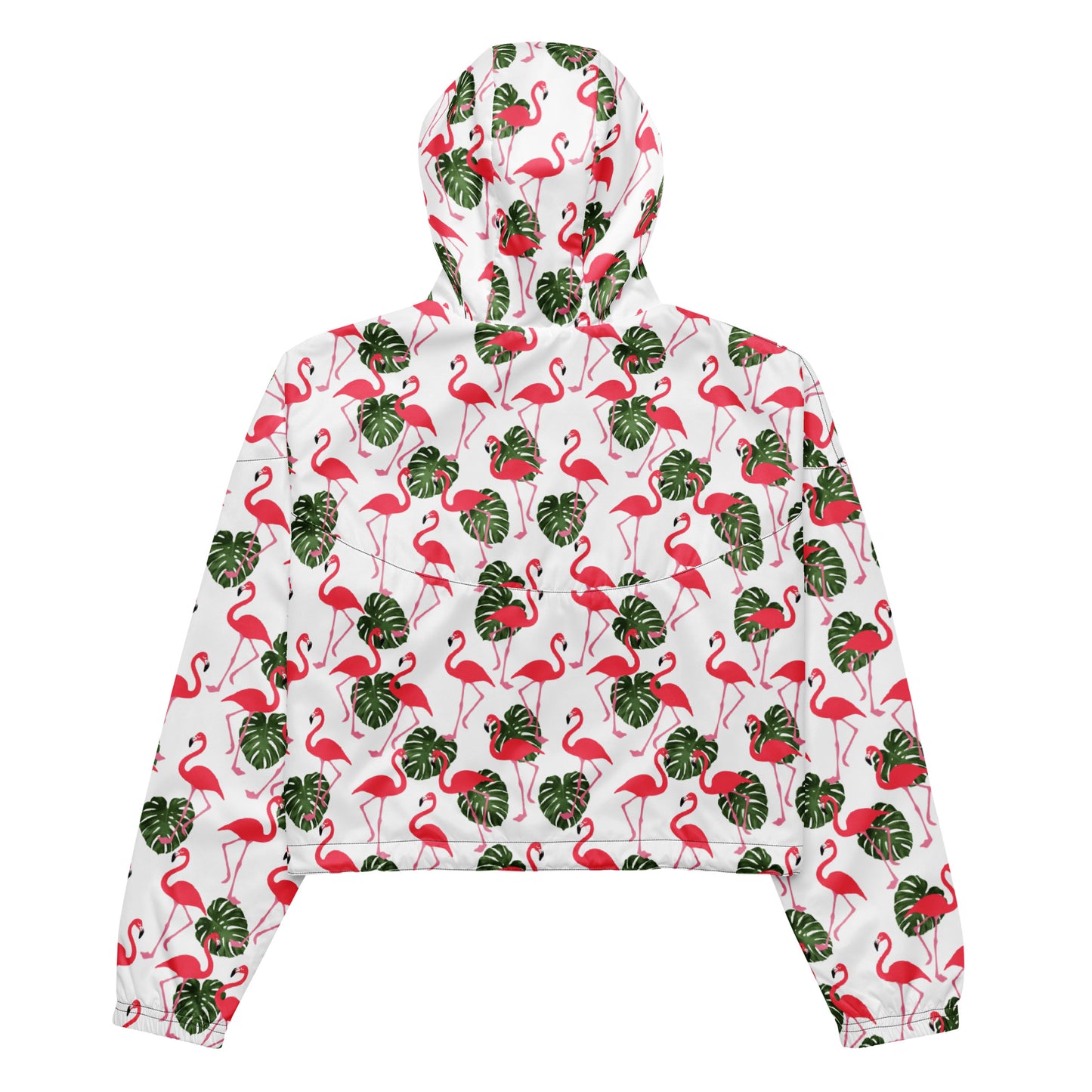 Back of cropped jacket with pattern of flamingos on a white background.