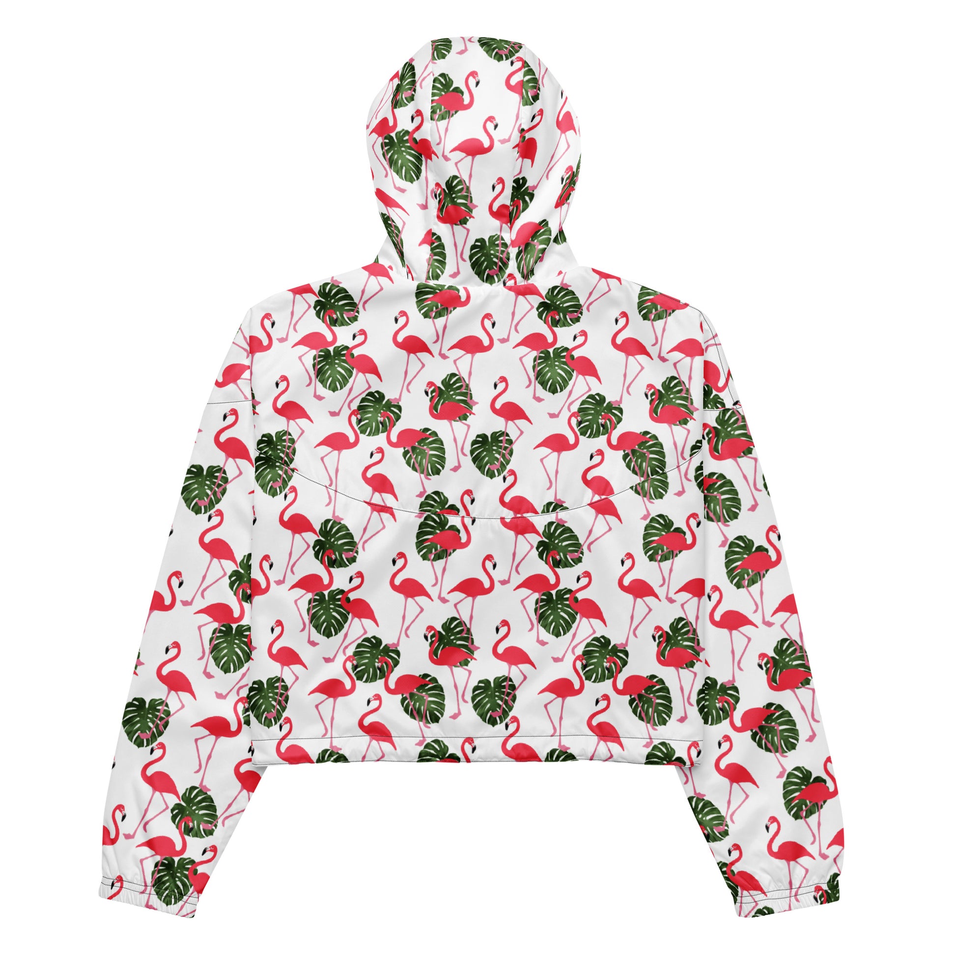 Back of cropped jacket with pattern of flamingos on a white background.