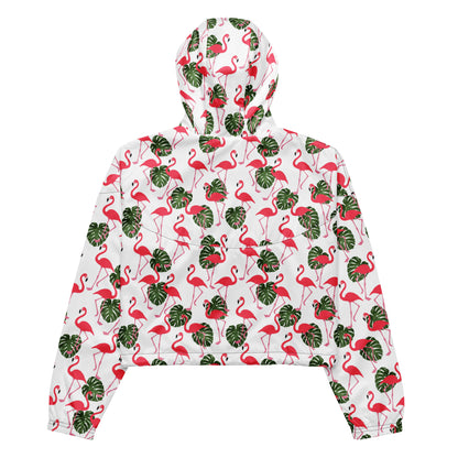 Back of cropped jacket with pattern of flamingos on a white background.