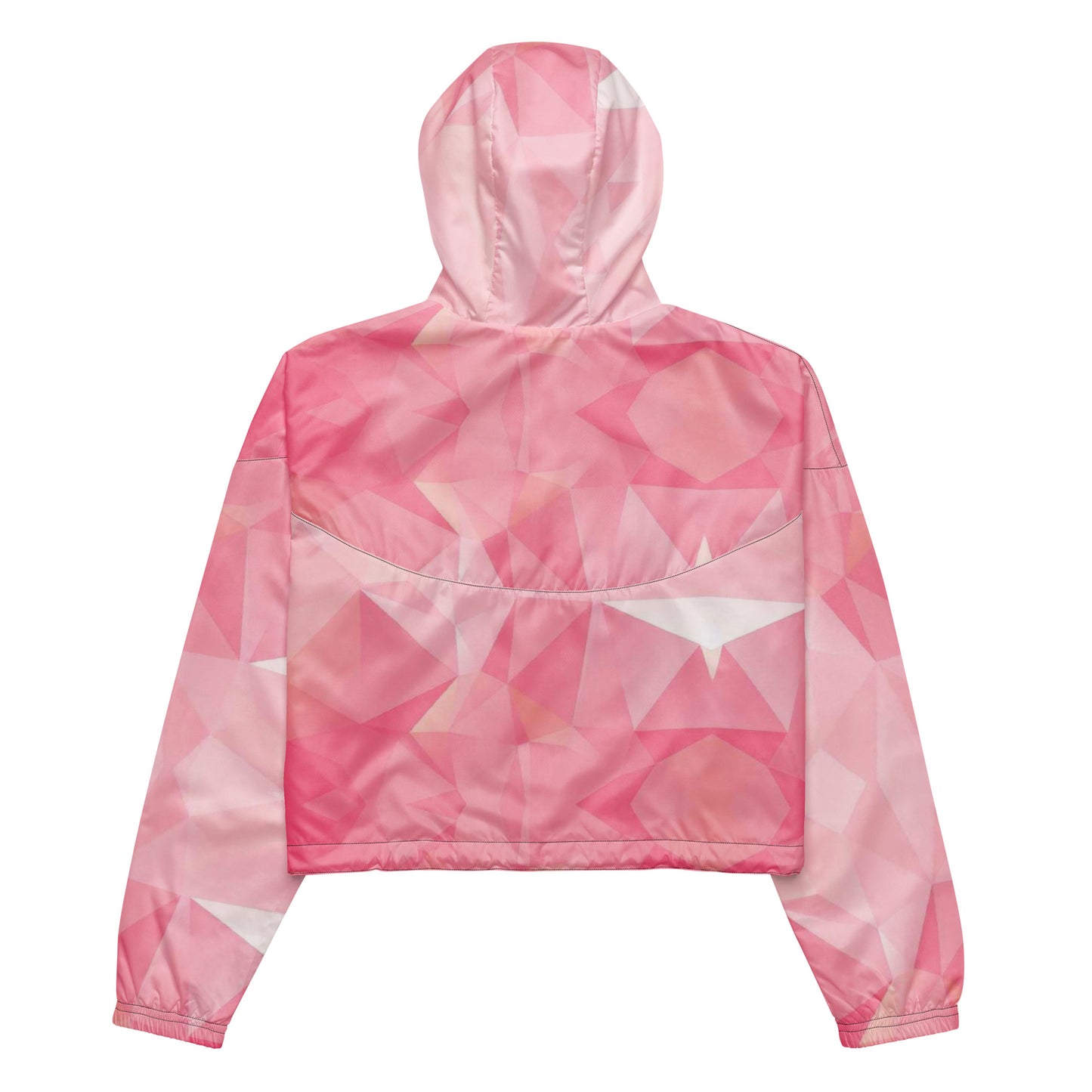 Back of cropped jacket with pink geometric pattern.
