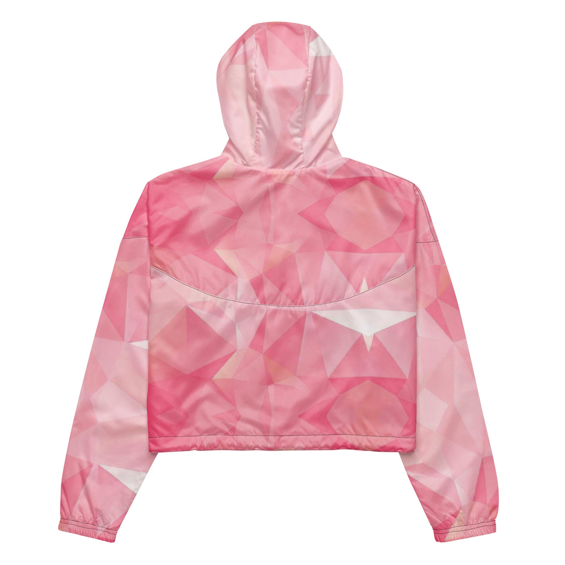 Back of cropped jacket with pink geometric pattern.