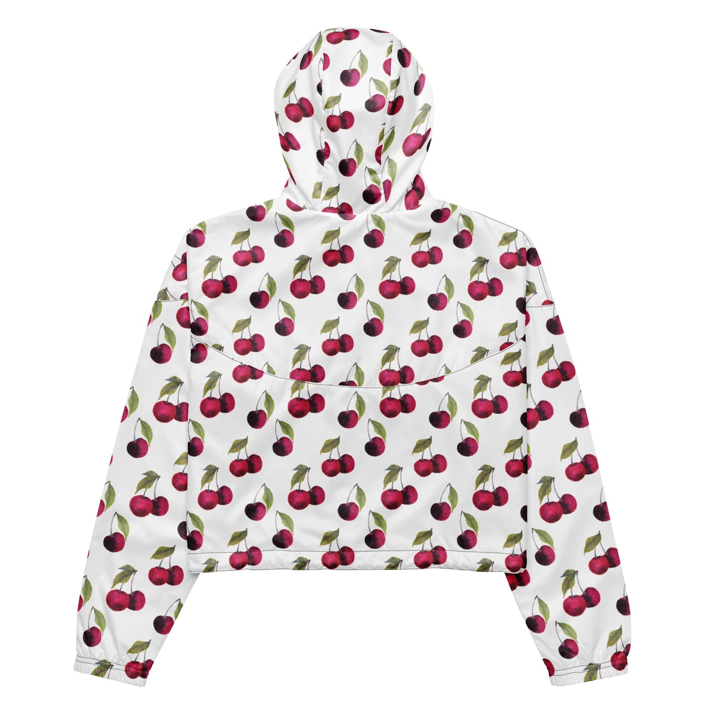 Back of jacket with pattern of cherries on a white background.