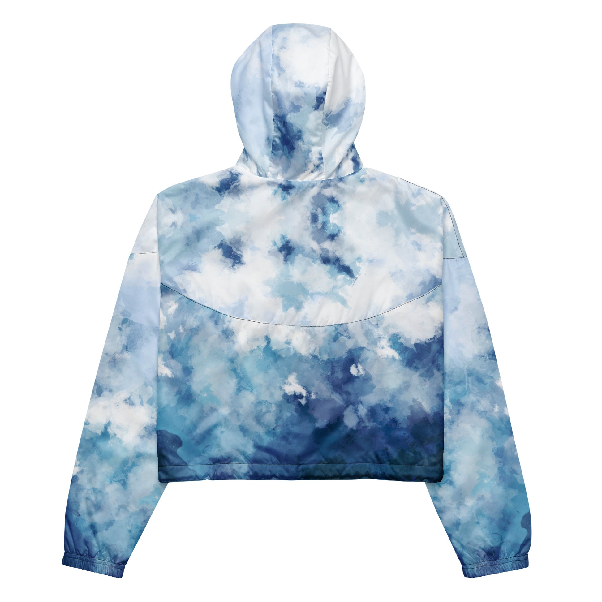Cropped jacket with blue-white watercolor pattern.