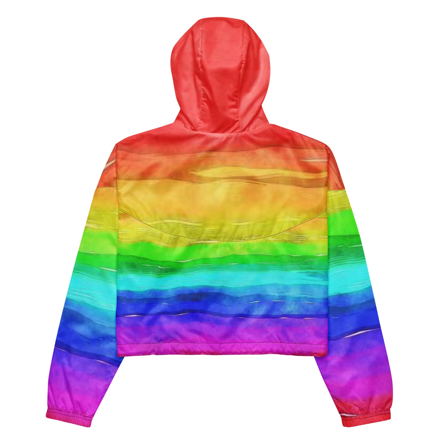 Cropped jacket with rainbow pattern resembling watercolor.