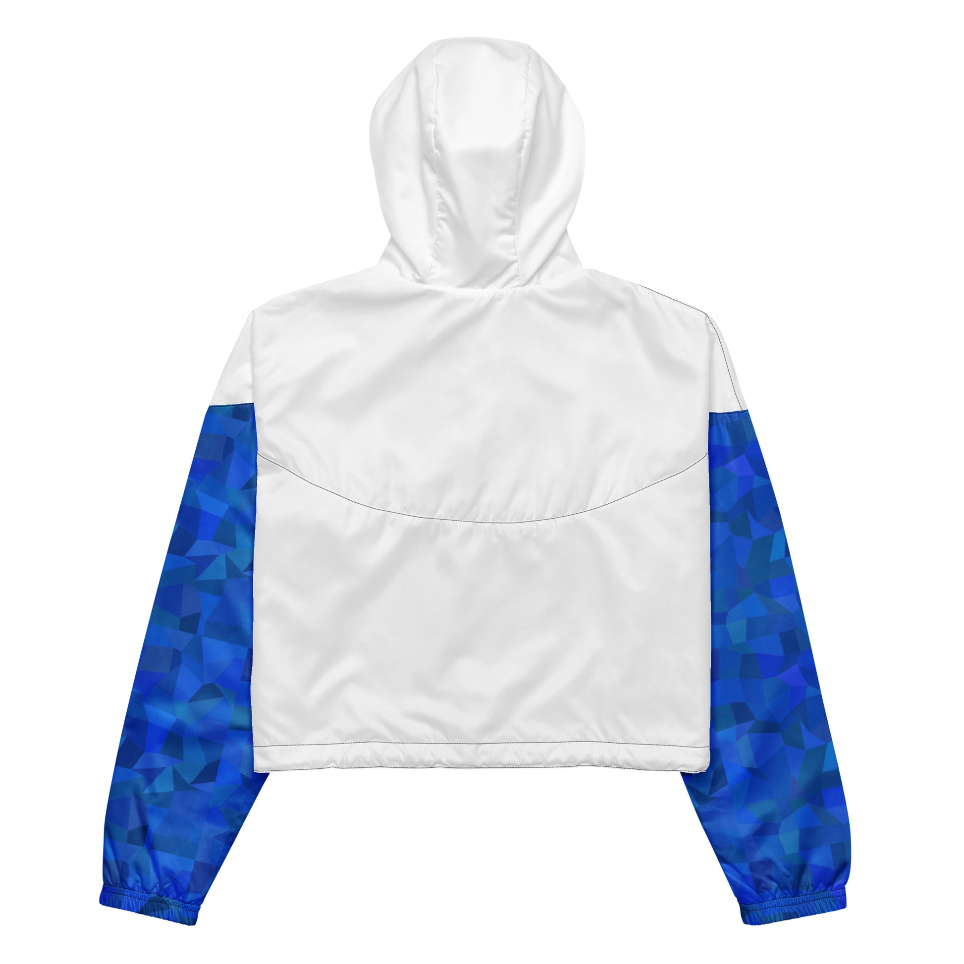 White back of cropped jacket. Sleeves have blue geometric pattern.