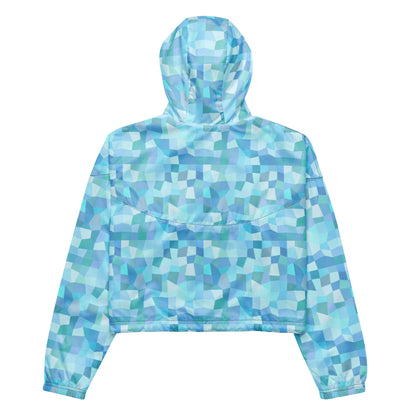 Cropped jacket with light-blue geometric pattern.