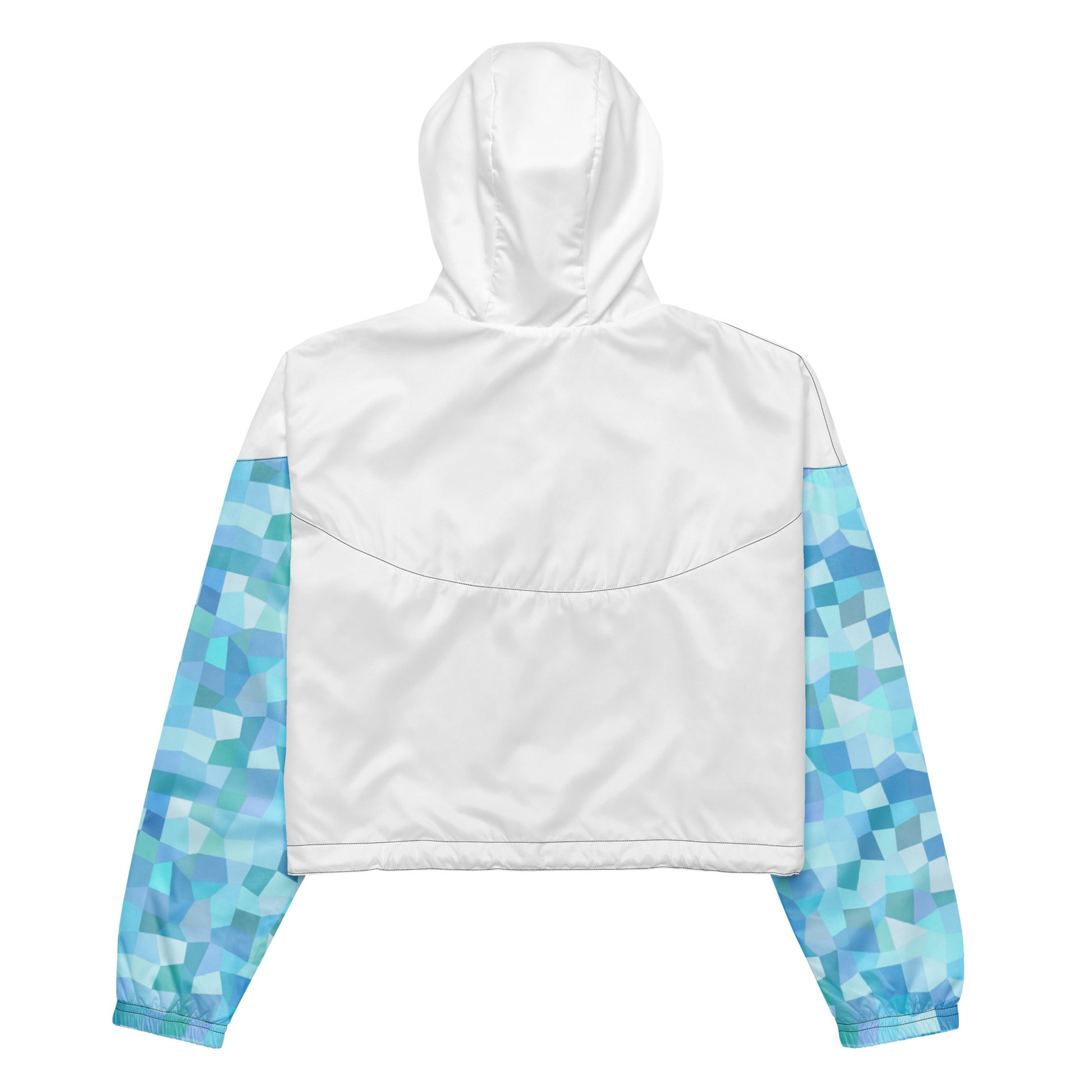 White back of cropped jacket; sleeves have light-blue geometric pattern.