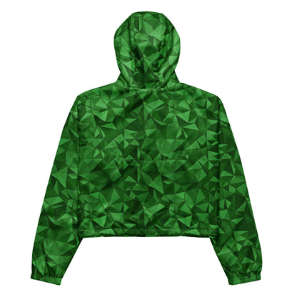 Cropped windbreaker with green geometric pattern.
