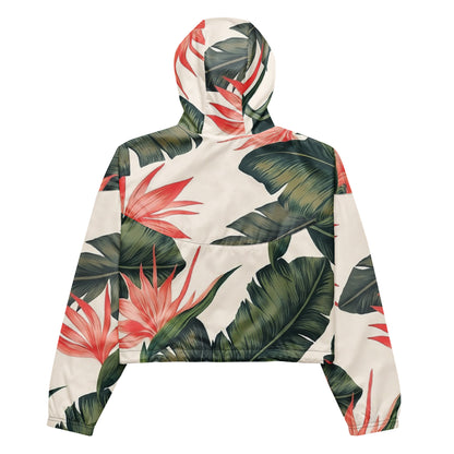 Cropped windbreaker with tropical floral design.