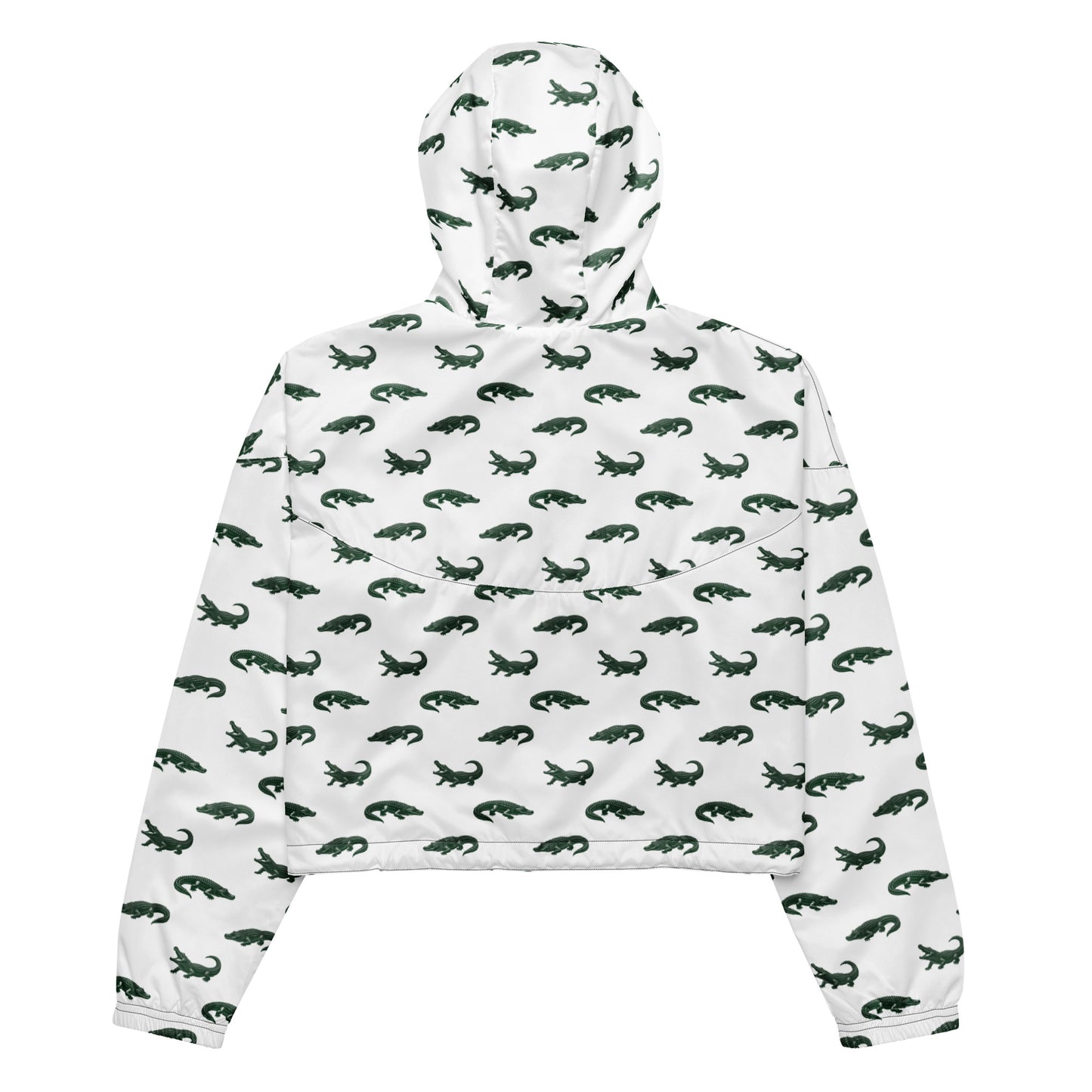 White, cropped windbreaker with pattern of green alligators.