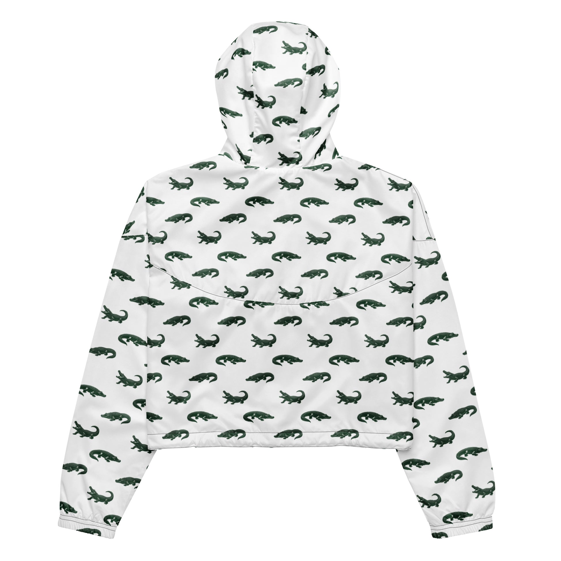 White, cropped windbreaker with pattern of green alligators.
