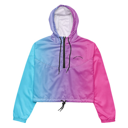 Cropped jacket with color scheme that fades from light blue, to purple, to pink.