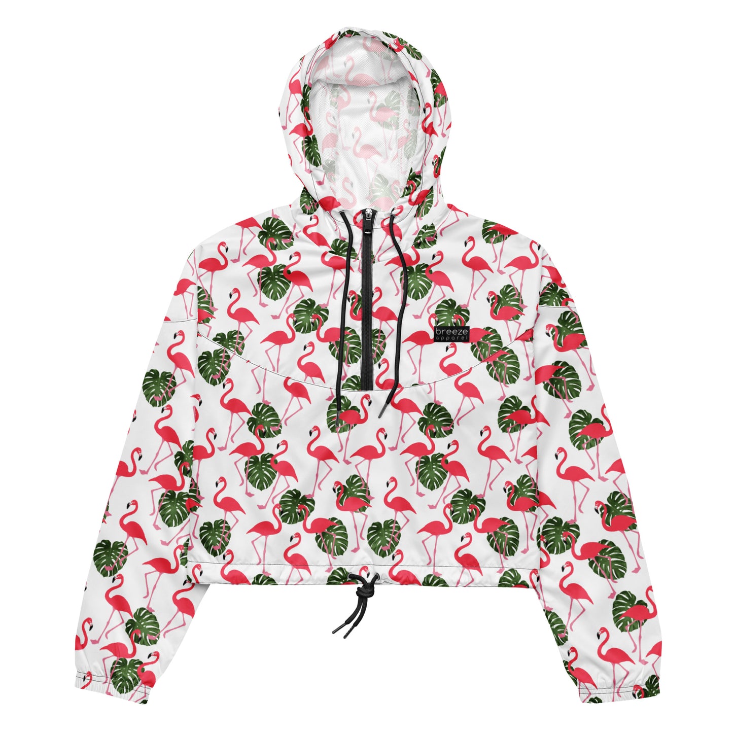 Cropped jacket with pattern of flamingos on a white background.