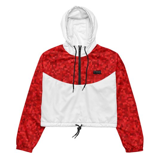 Cropped jacket with red geometric pattern on top and sleeves; rest is white.