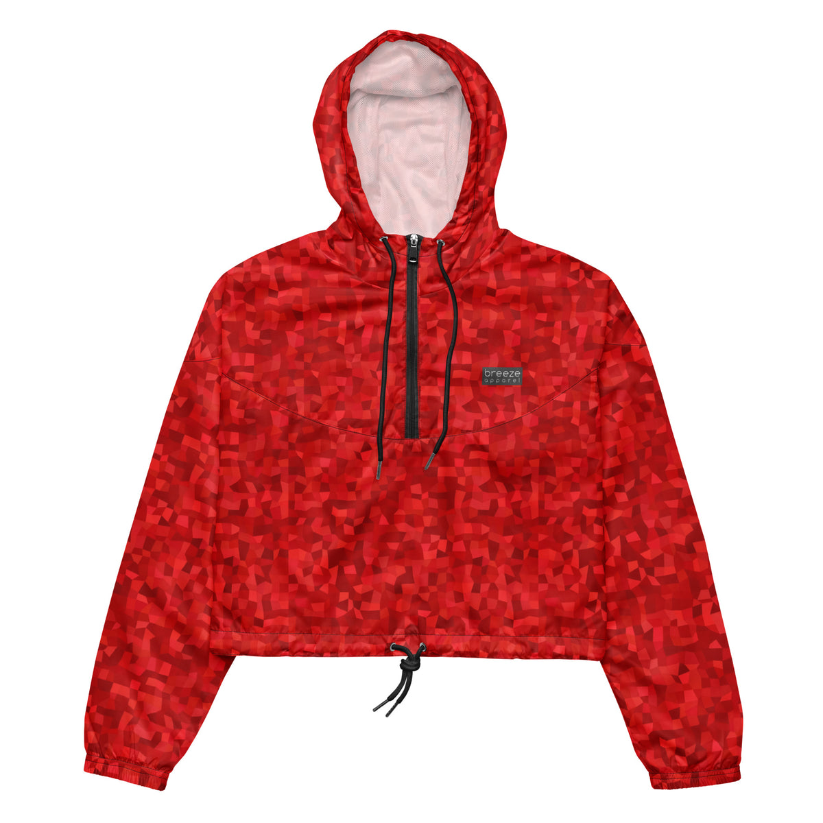 Cropped jacket with red geometric pattern.
