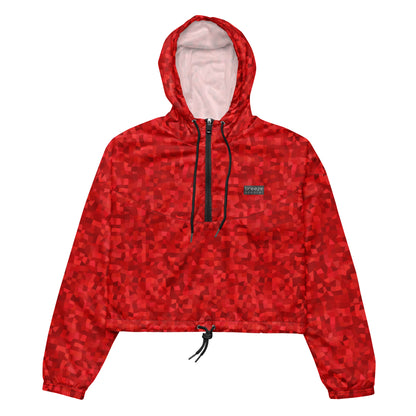 Cropped jacket with red geometric pattern.