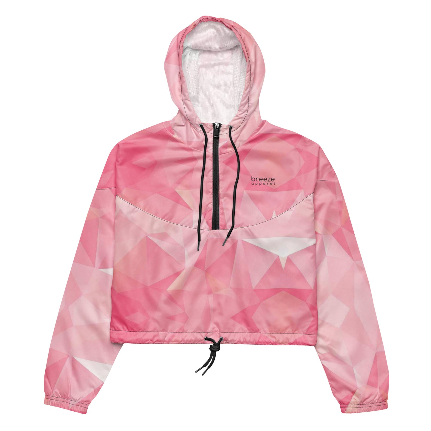 Cropped jacket with pink geometric pattern.