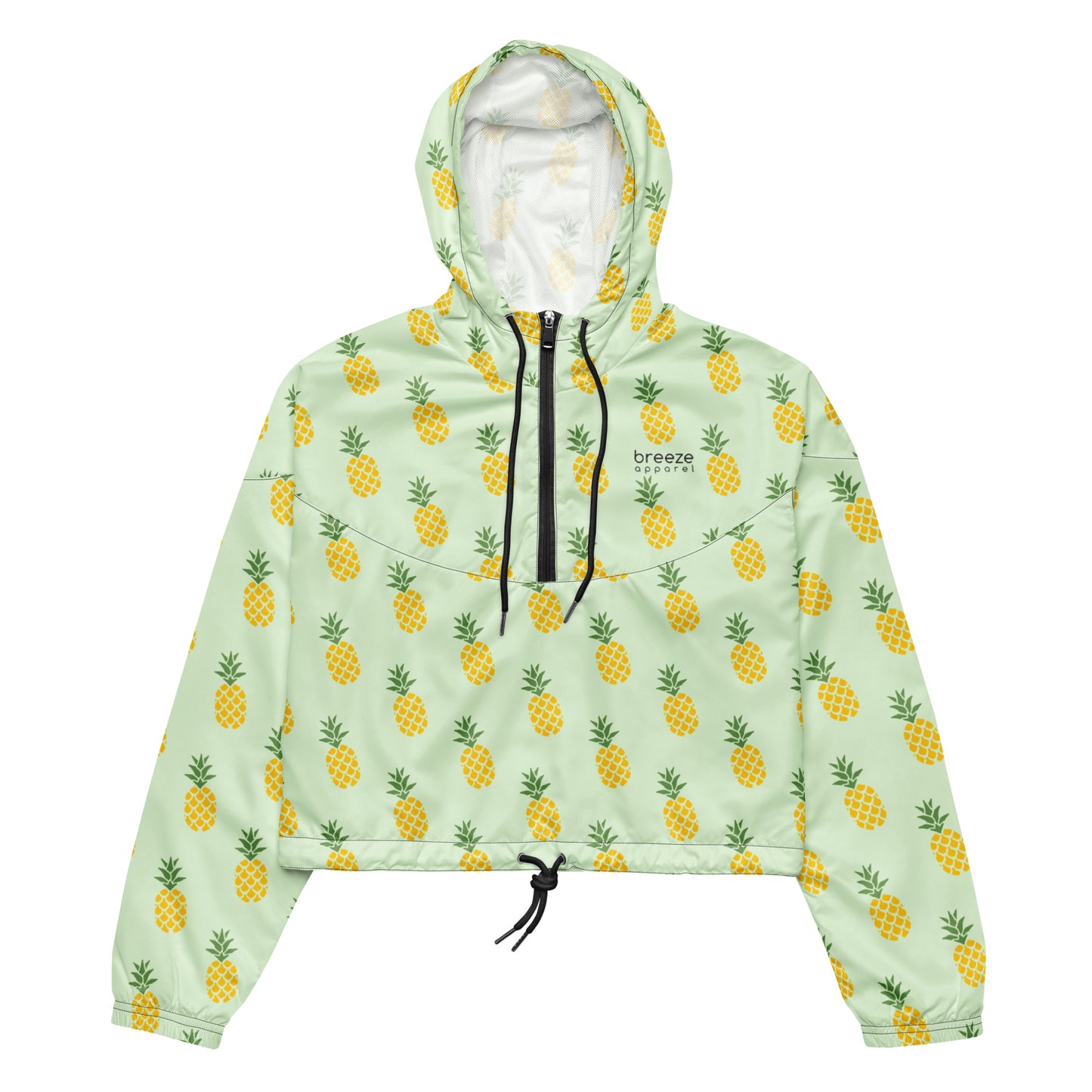 Jacket with pattern of pineapples set on a light-green background.