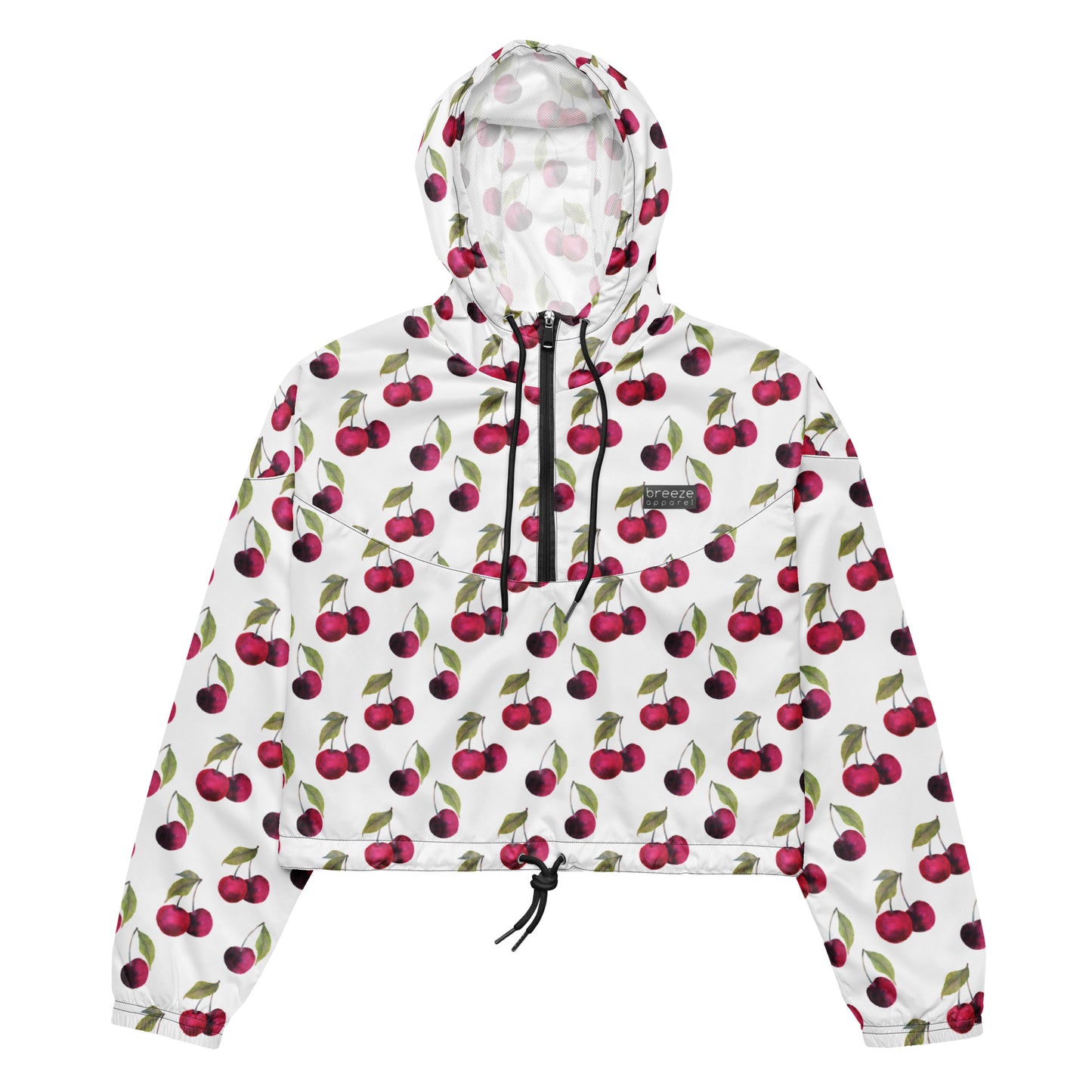 Jacket with pattern of cherries on a white background.