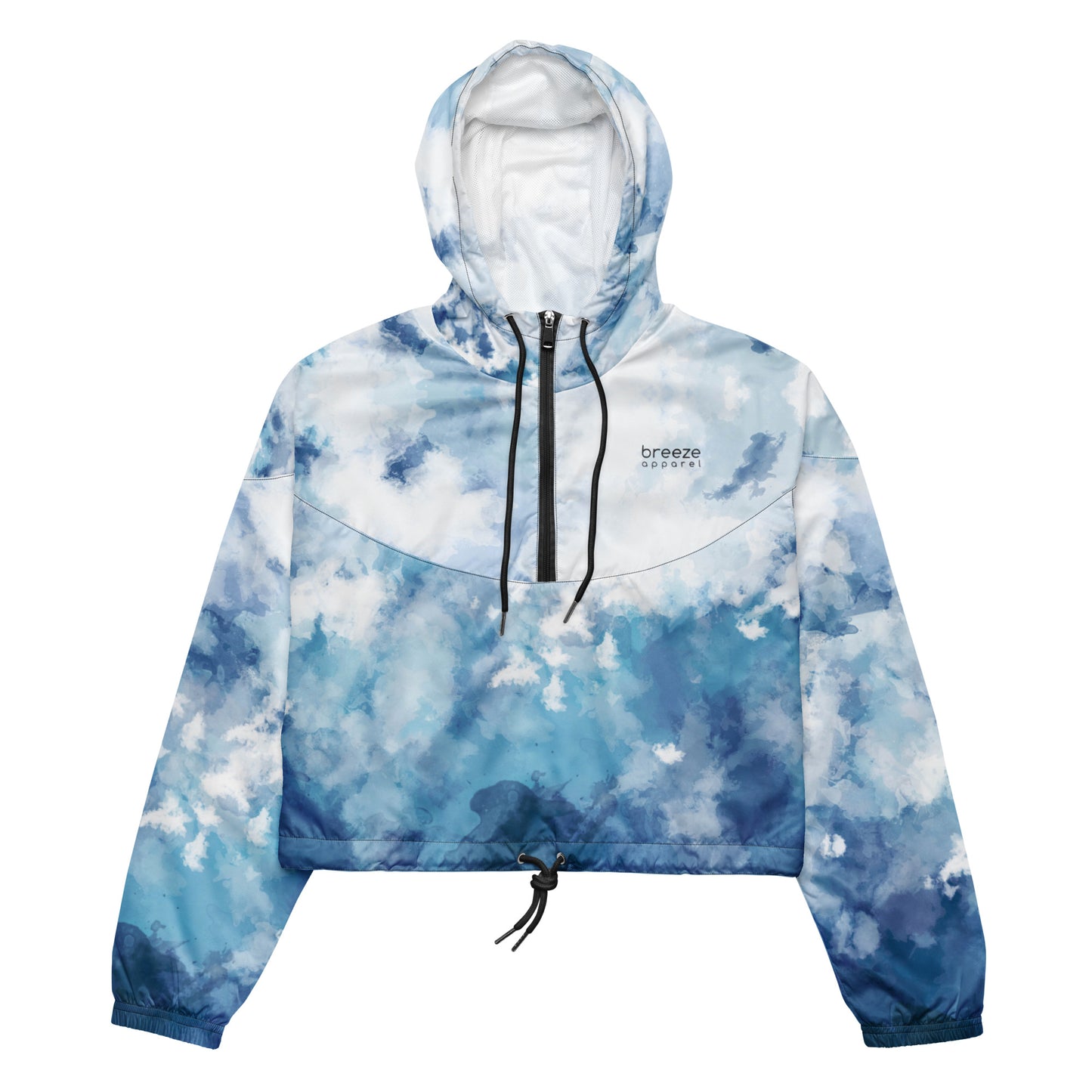 Cropped jacket with blue-white watercolor pattern.
