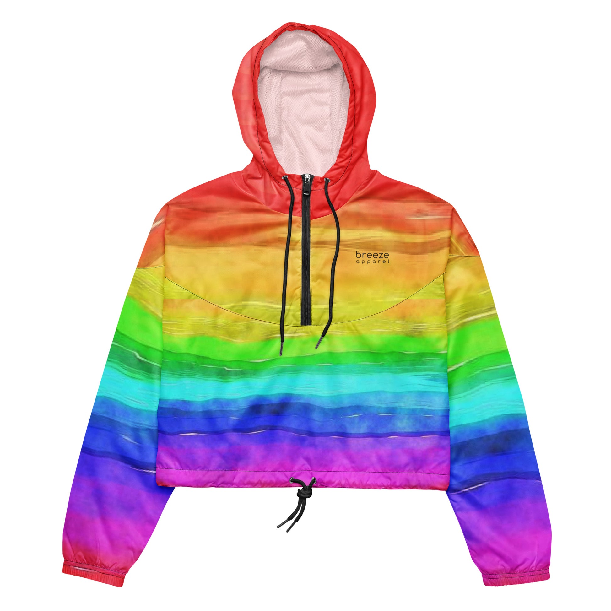 Cropped jacket with rainbow pattern resembling watercolor.