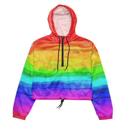 Cropped jacket with rainbow pattern resembling watercolor.