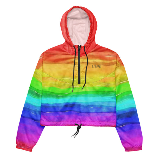 Cropped jacket with rainbow pattern resembling watercolor.
