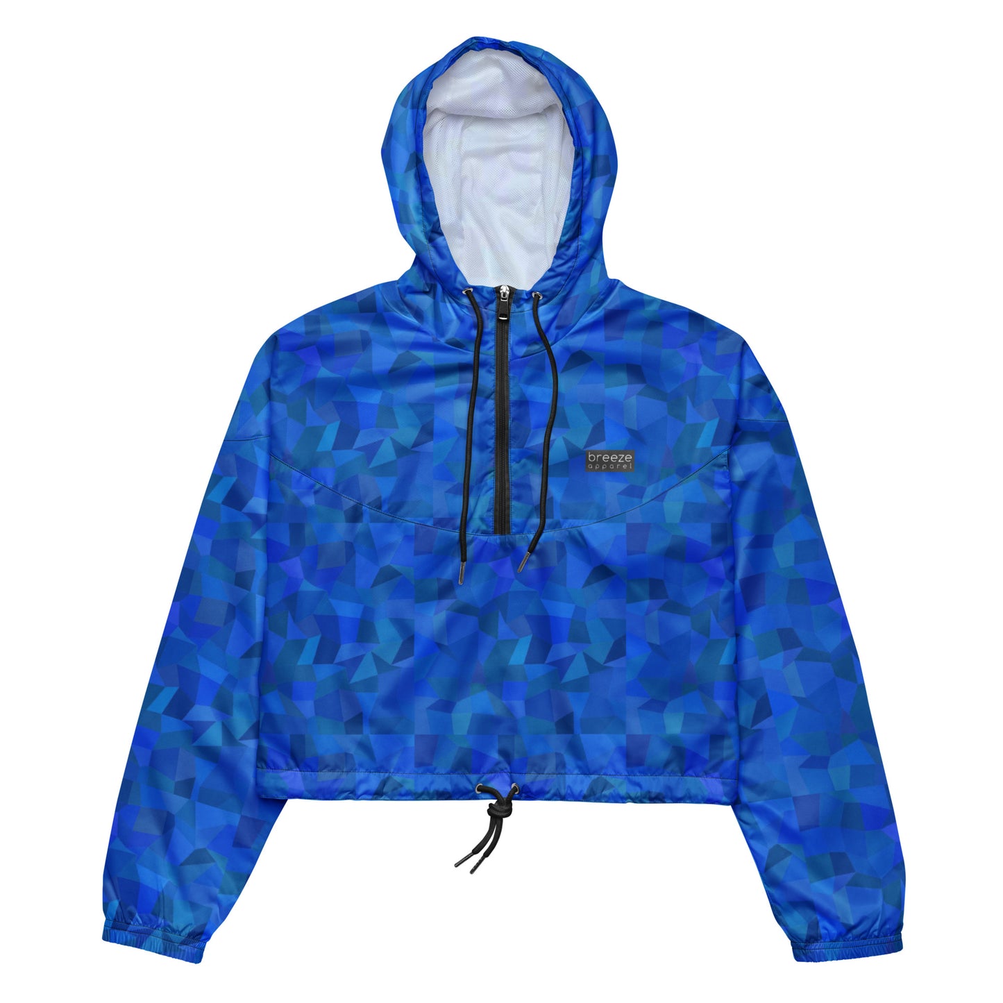 Cropped jacket with blue geometric pattern.
