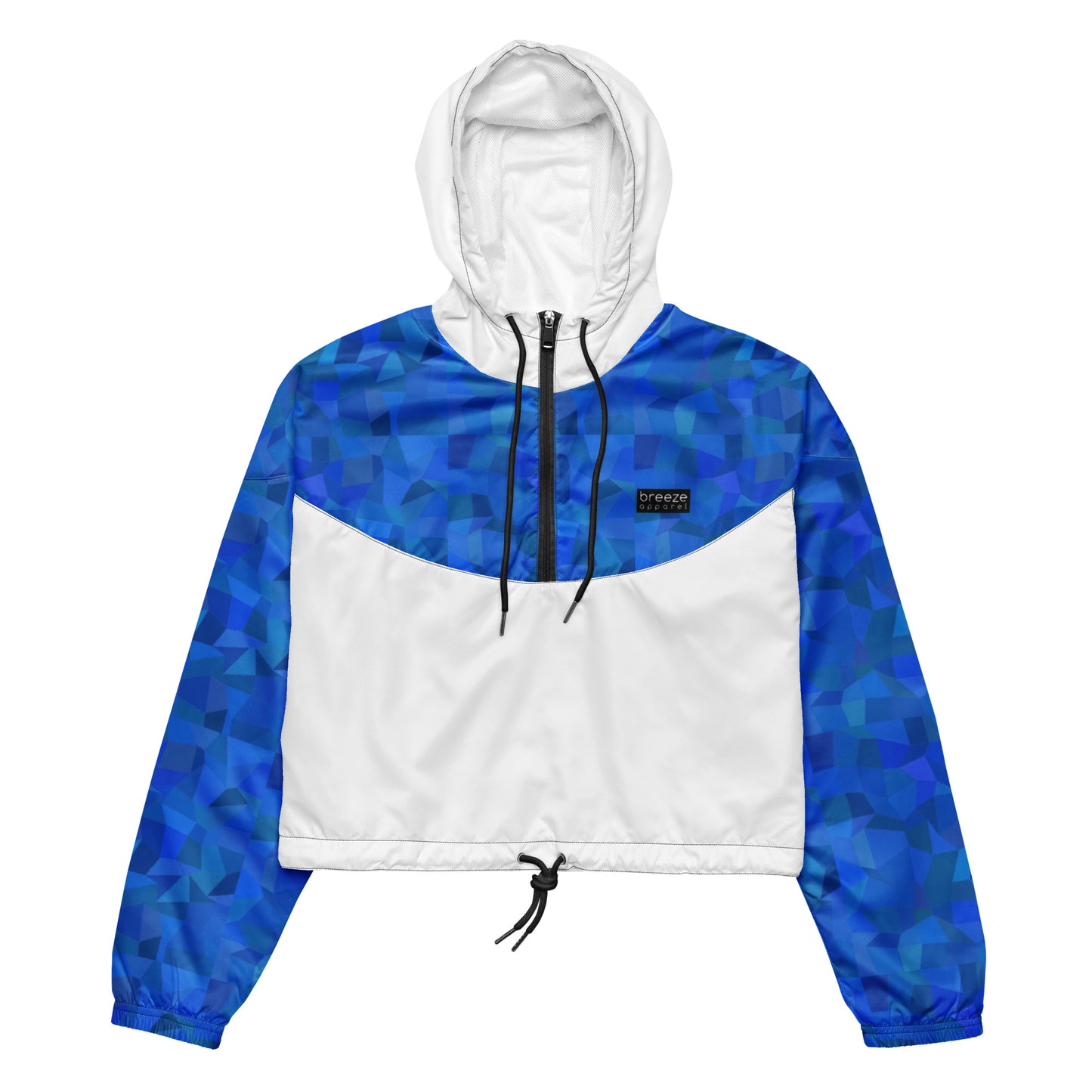 Cropped jacket with blue geometric pattern on top and sleeves; rest is white.