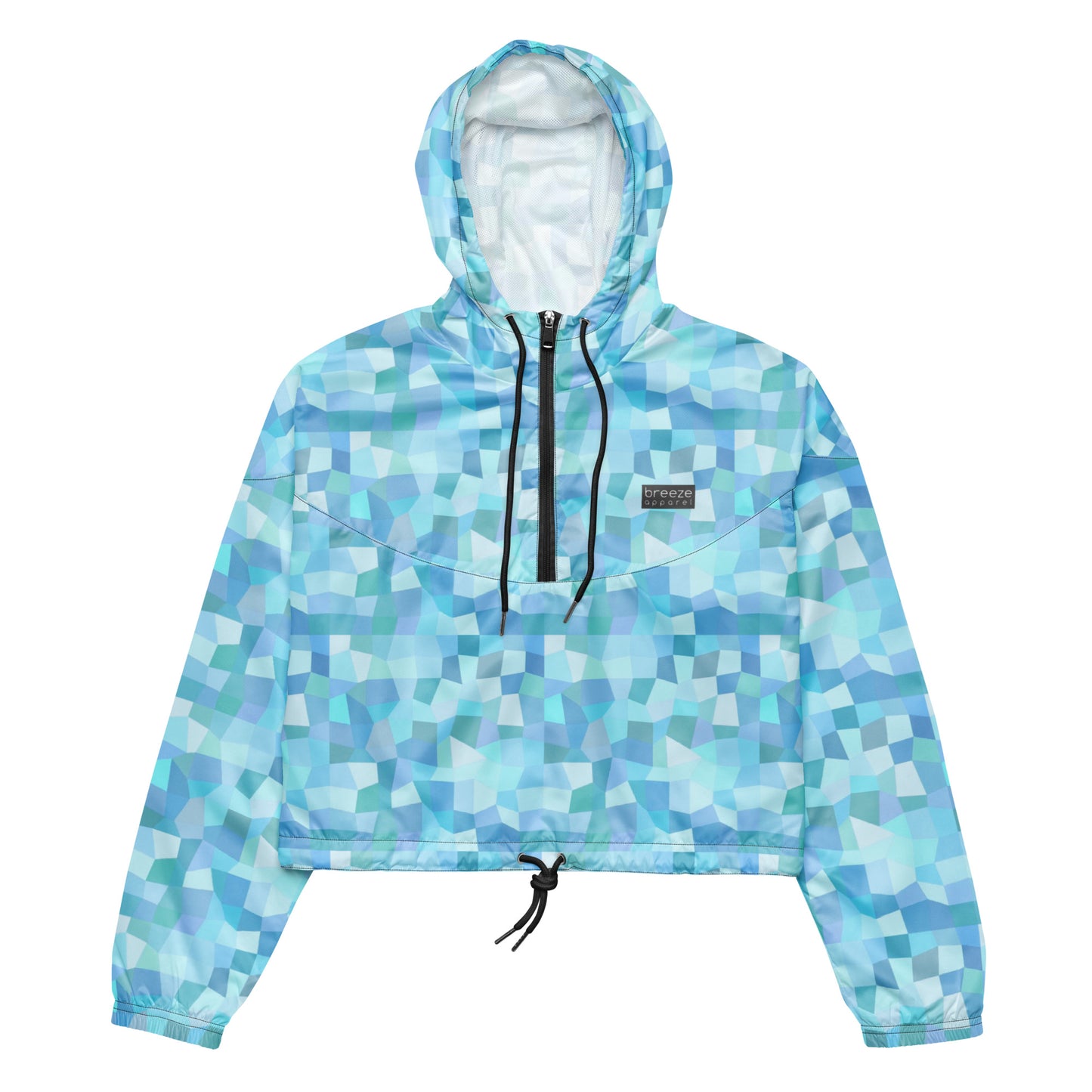 Cropped jacket with light-blue geometric pattern.