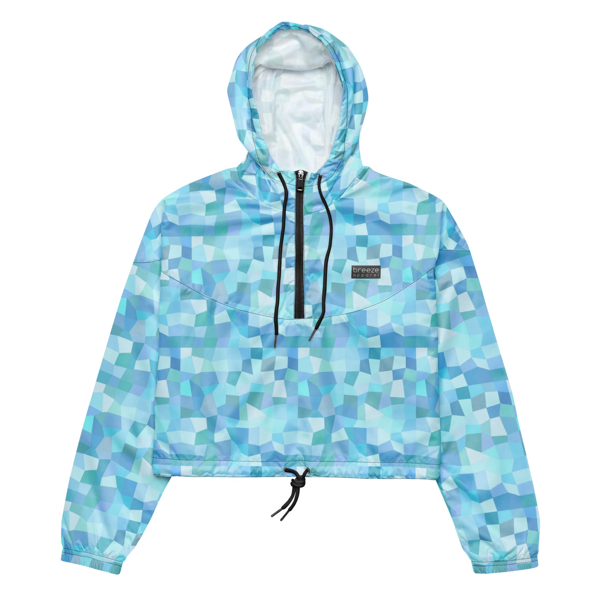 Cropped jacket with light-blue geometric pattern.