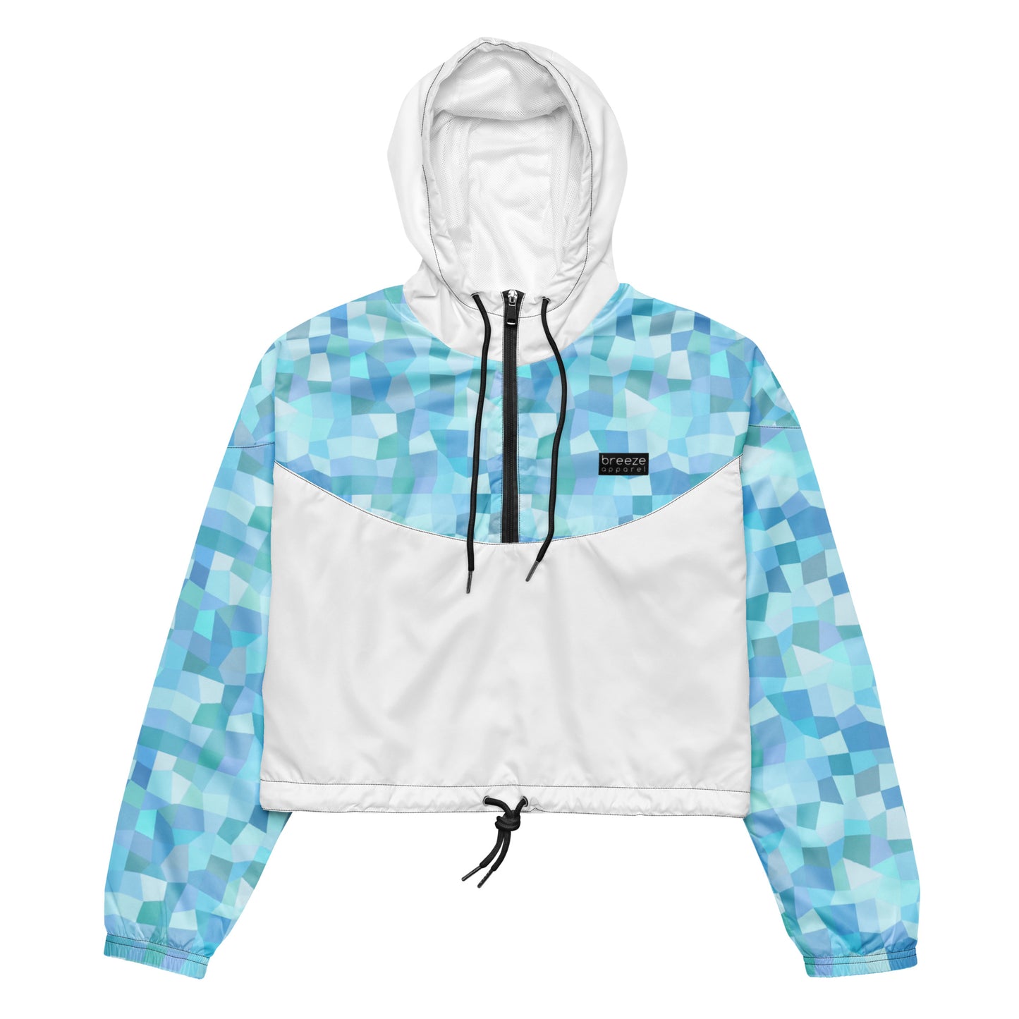 Cropped jacket with light-blue geometric pattern on top and sleeves; rest is white.